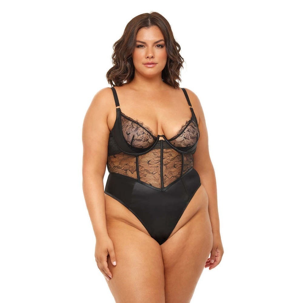 Oh La La Cheri 2X Bridal Curvy Black Carmella Lace Teddy Black Lingerie Bodysuit